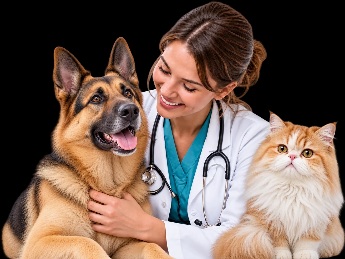 Vetifaction veterinarian with a German Shepherd and an orange cat during compassionate veterinary care at home