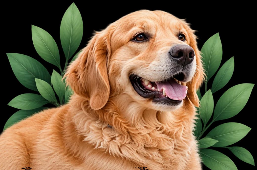 Happy golden retriever surrounded by green leaves
