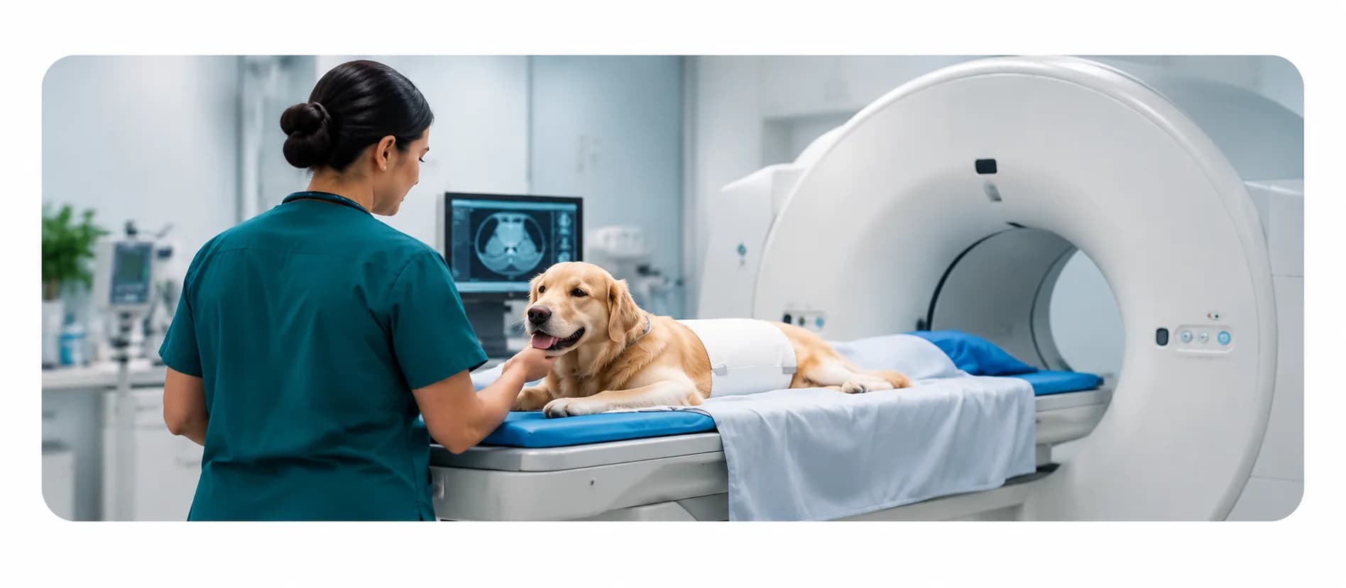 Veterinary professional reassuring a golden retriever beside a CT scanner at an imaging facility
