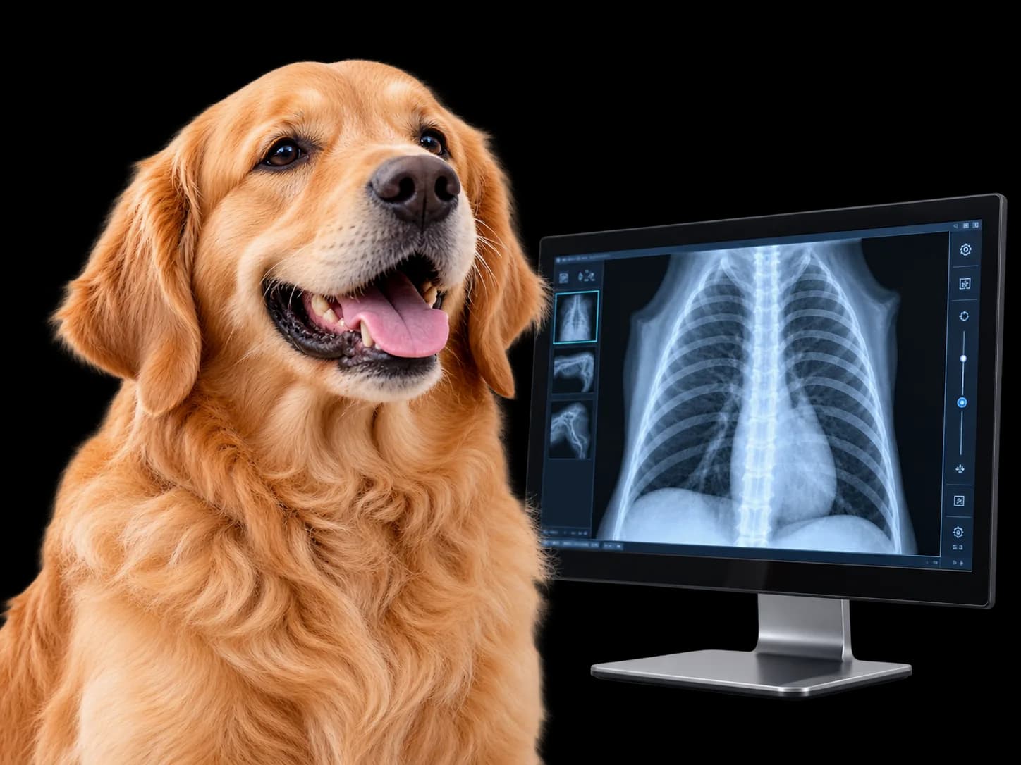 Golden retriever beside a diagnostic monitor showing an X-ray image.