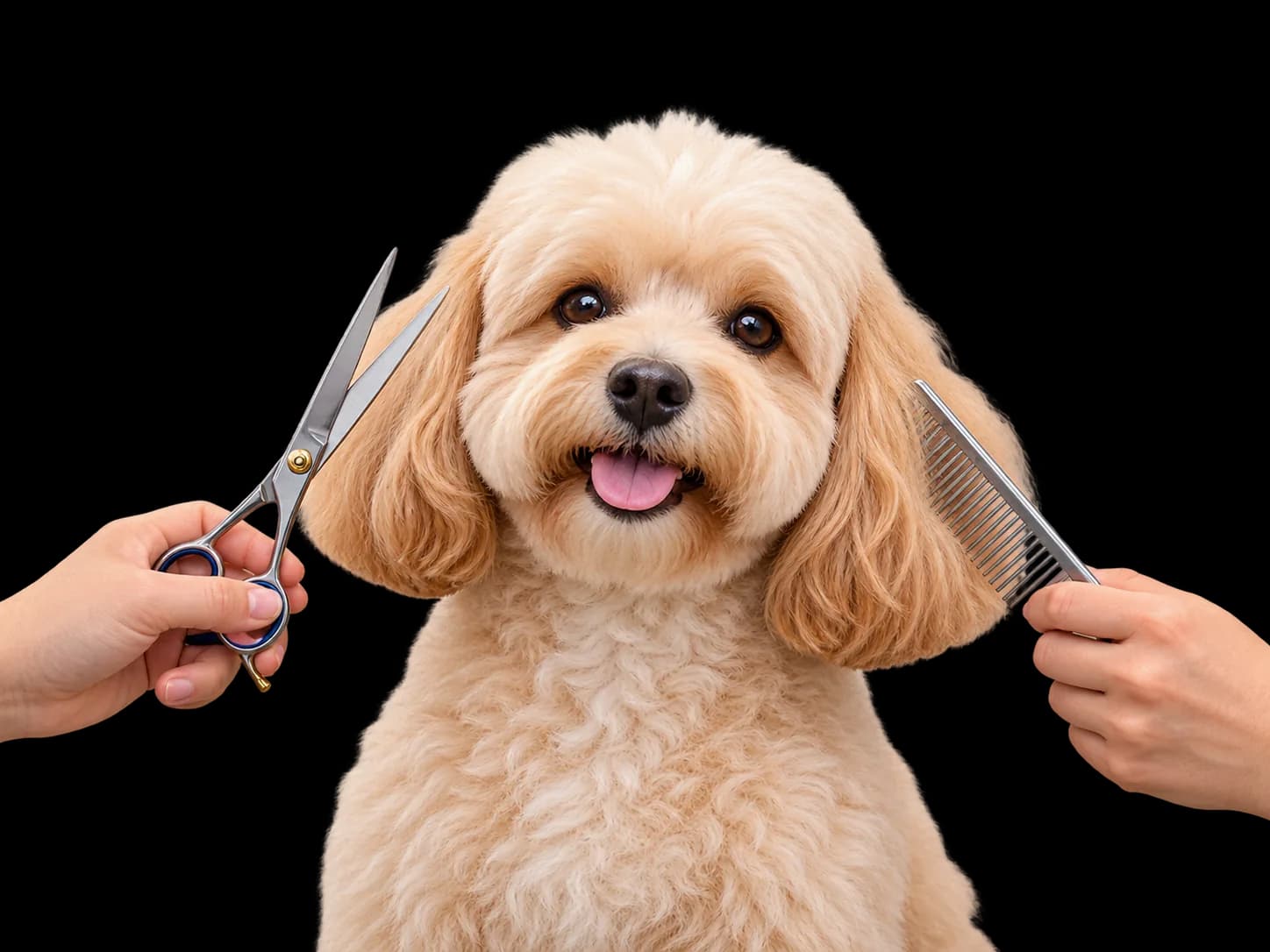 Small dog receiving grooming care.