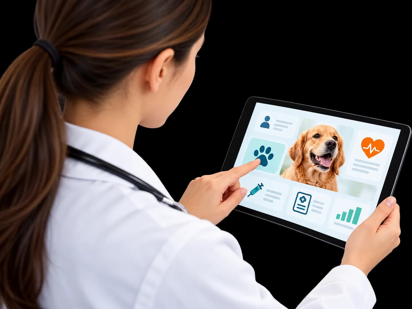 Veterinary professional reviewing a pet profile on a tablet.