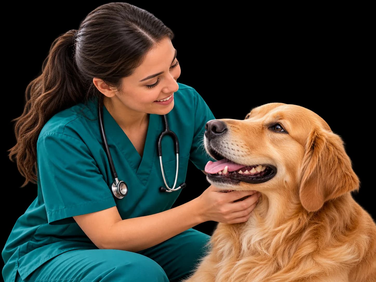 Veterinary professional examining a golden retriever.