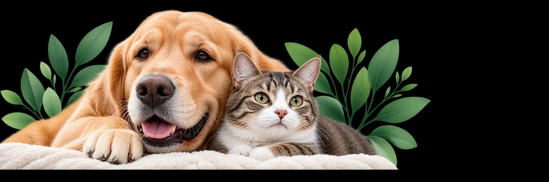 Golden retriever and tabby cat resting together on a blanket surrounded by green leaves