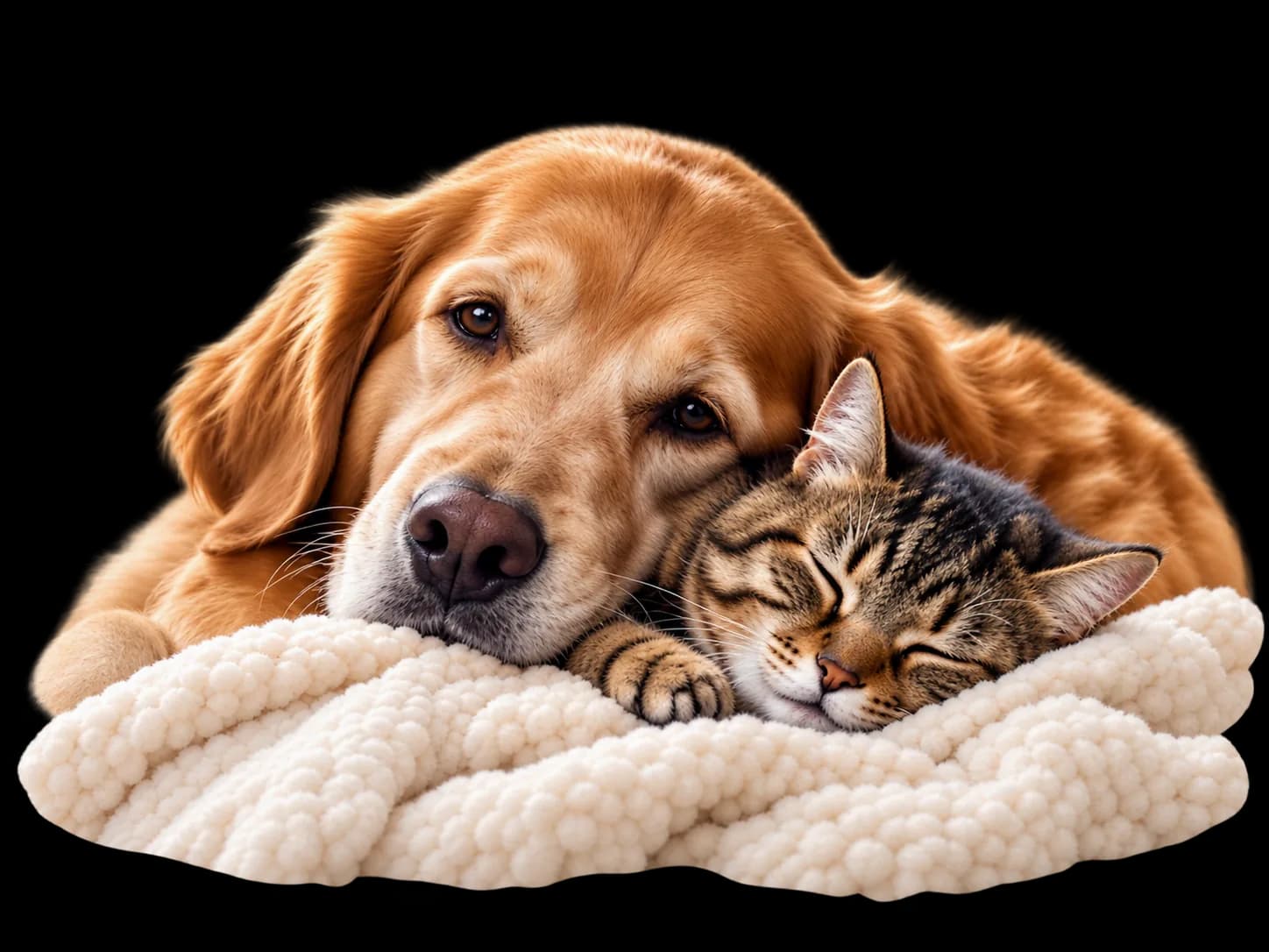 Golden retriever and cat resting together on a soft cream blanket in a peaceful home
