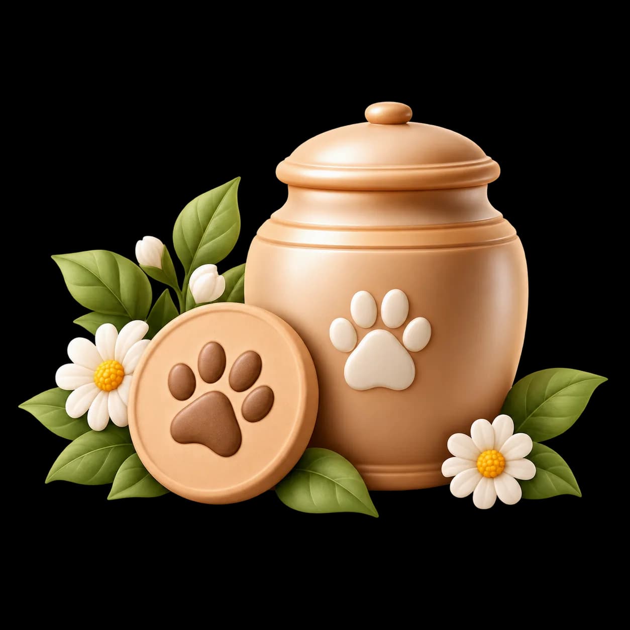 Pet memorial urn with paw-print keepsake and flowers