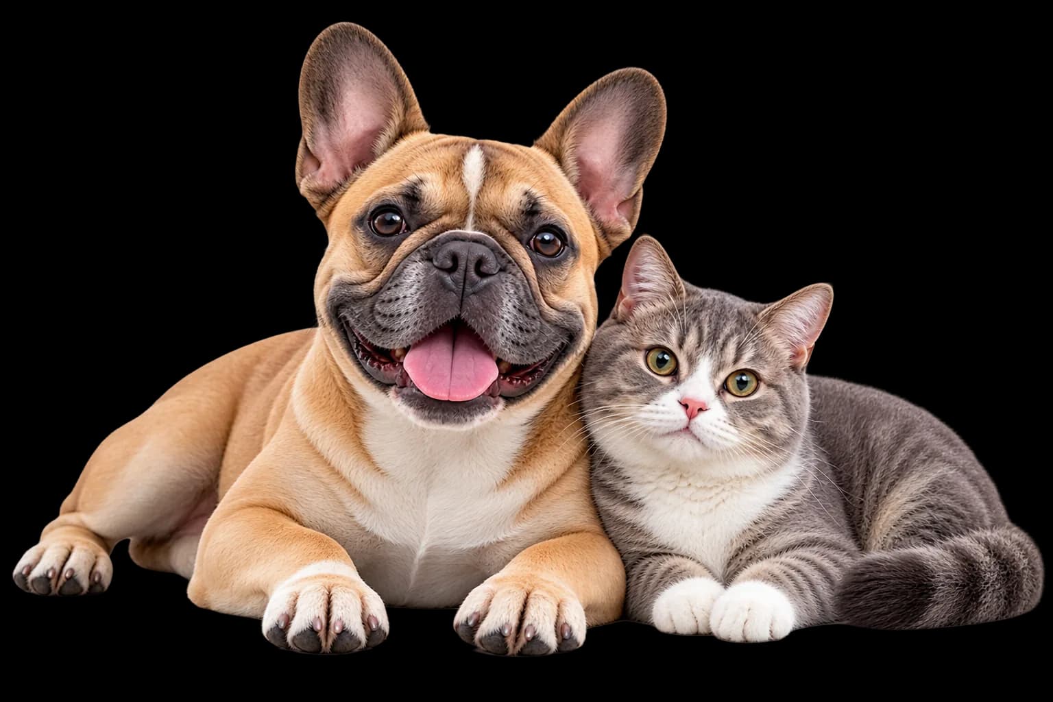 Veterinary professional with a French bulldog and cat during an in-home diagnostic visit