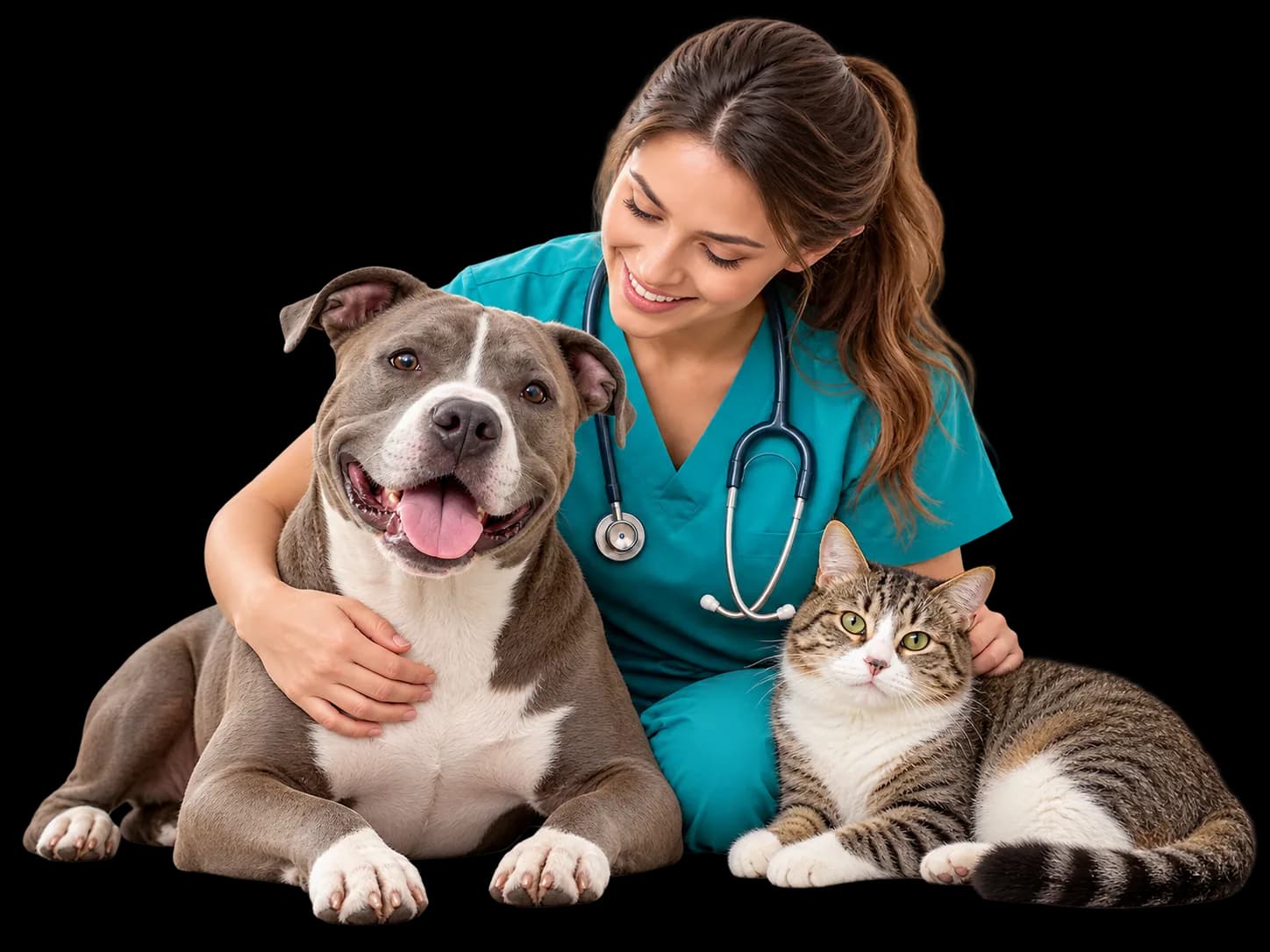 Veterinary professional with a pit bull dog and cat during an in-home diagnostic visit