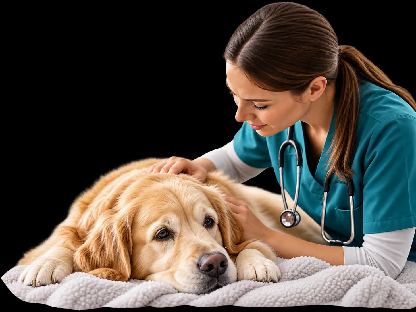Veterinarian gently comforting a quiet dog during an in-home sick pet visit