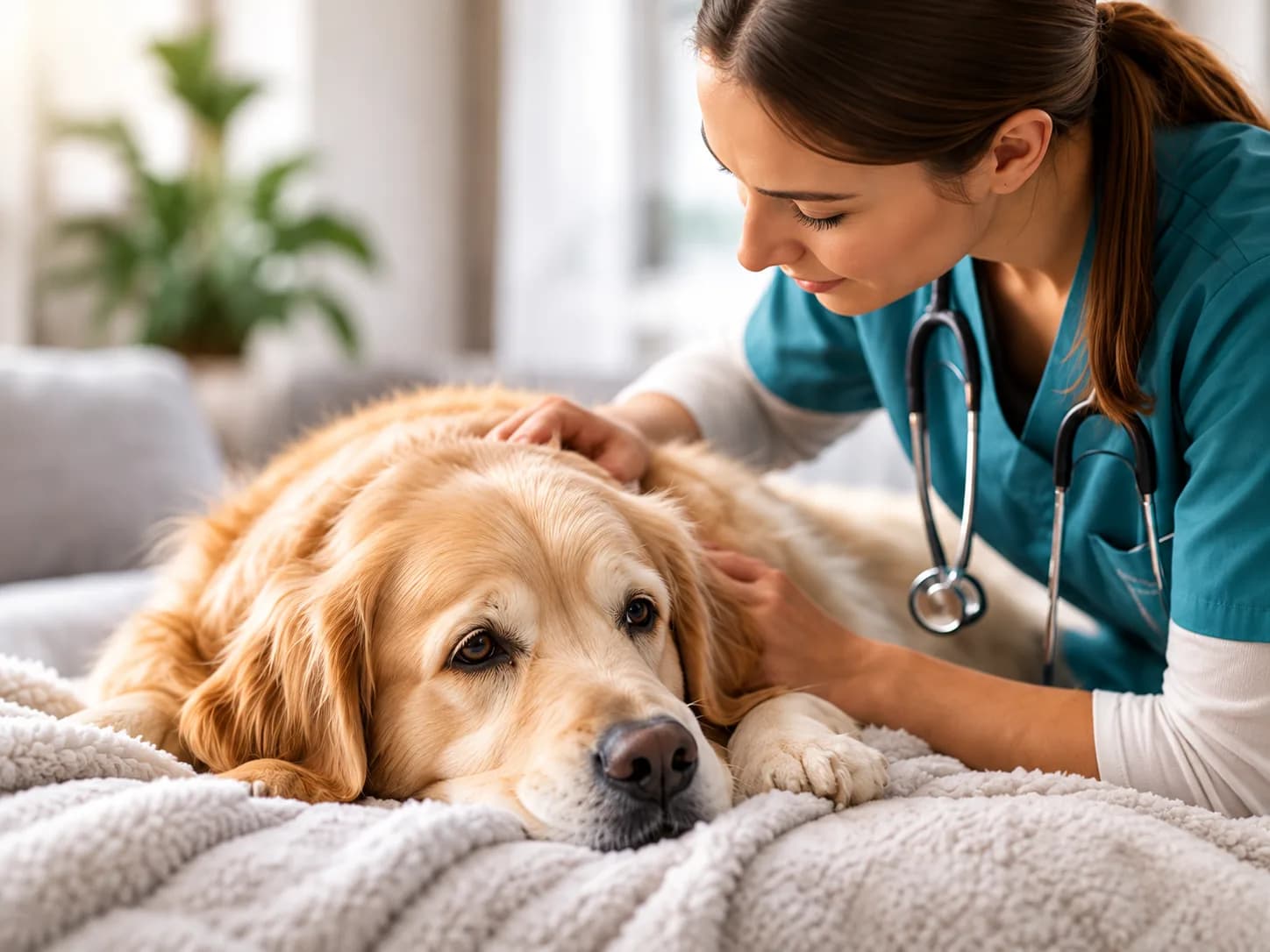 Veterinarian gently examining a quiet dog during an in-home sick pet visit