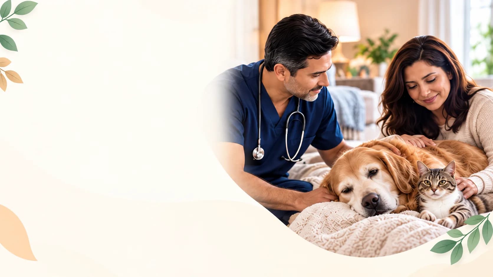 Veterinarian with a family, dog, and cat during an in-home wellness visit