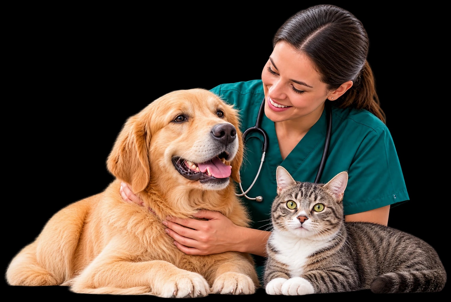 A veterinarian smiling with a golden retriever and a tabby cat