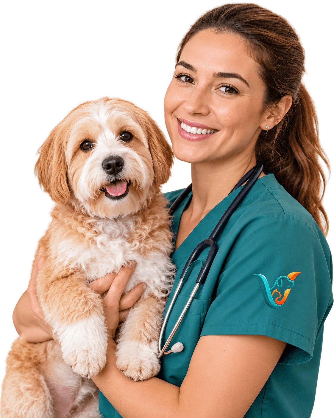 Veterinarian holding a dog for calm in-home veterinary care