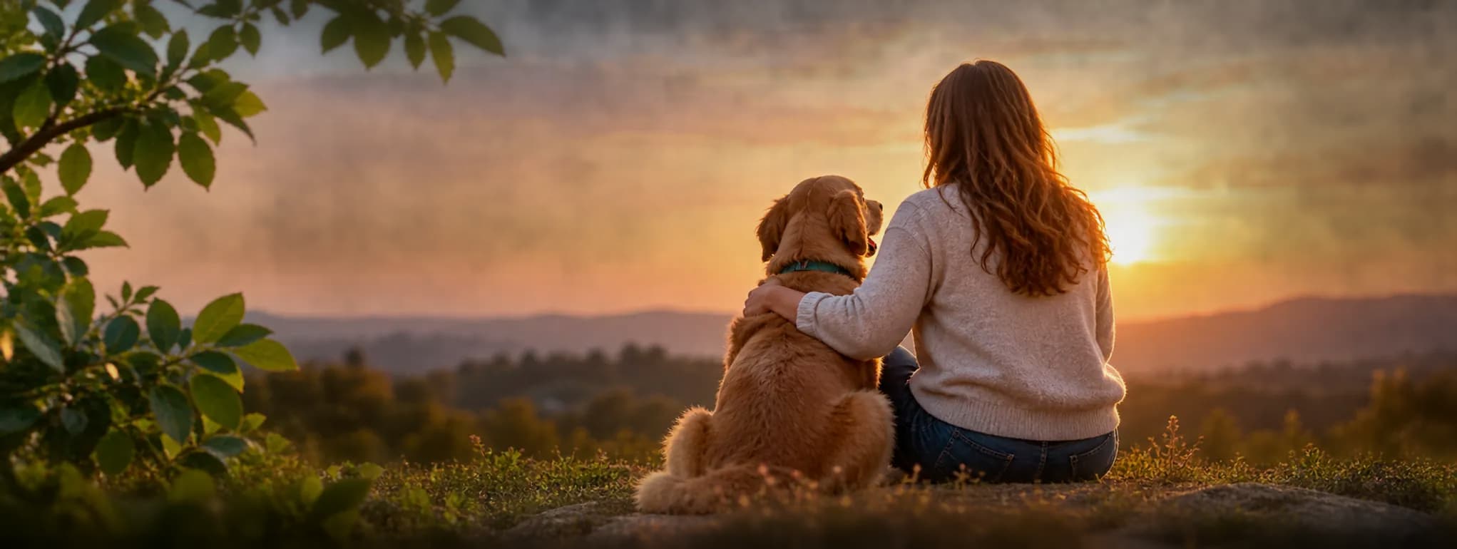 A pet owner sitting beside a dog outdoors at sunset