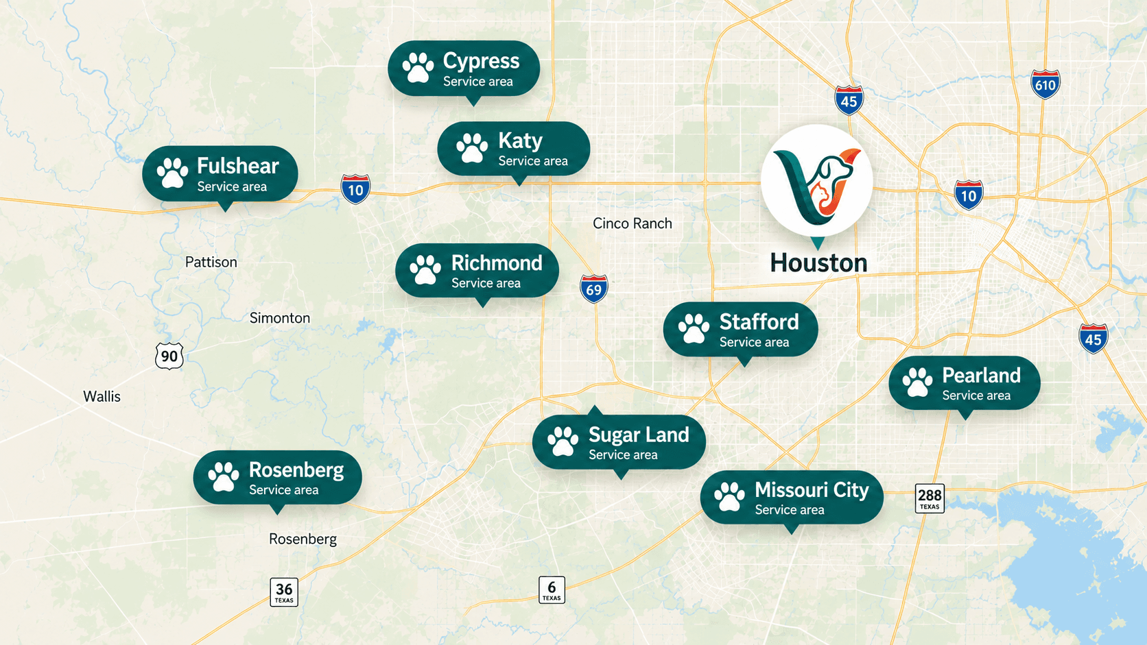 Vetifaction Greater Houston service-area map with highlighted service communities